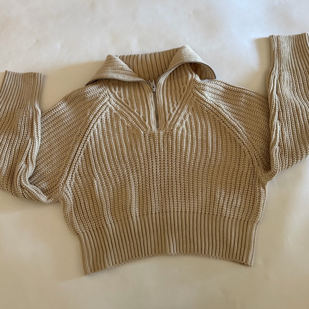 H&M Tan Cowl Neck Beige Cable-Knit Quarter Zip Women's Sweater Size S